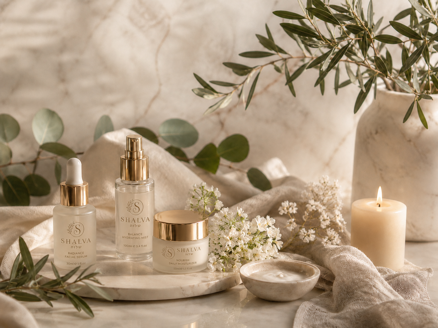 Skincare products arranged with botanical details